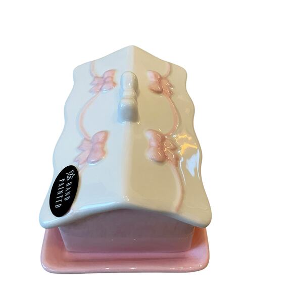 Gingerbread House Covered Butter Dish Hand Painted Pastel Pink & White NEW - Picture 2 of 14